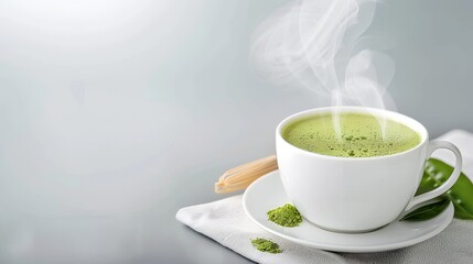 A hot cup of matcha with visible steam and a whisk, isolated on a clean background, ideal for text placement or marketing materials