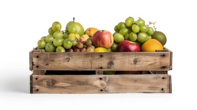 Detailed image of a rustic wooden crate brimming with fruits, isolated on a plain background, offering space for advertising copy or logos