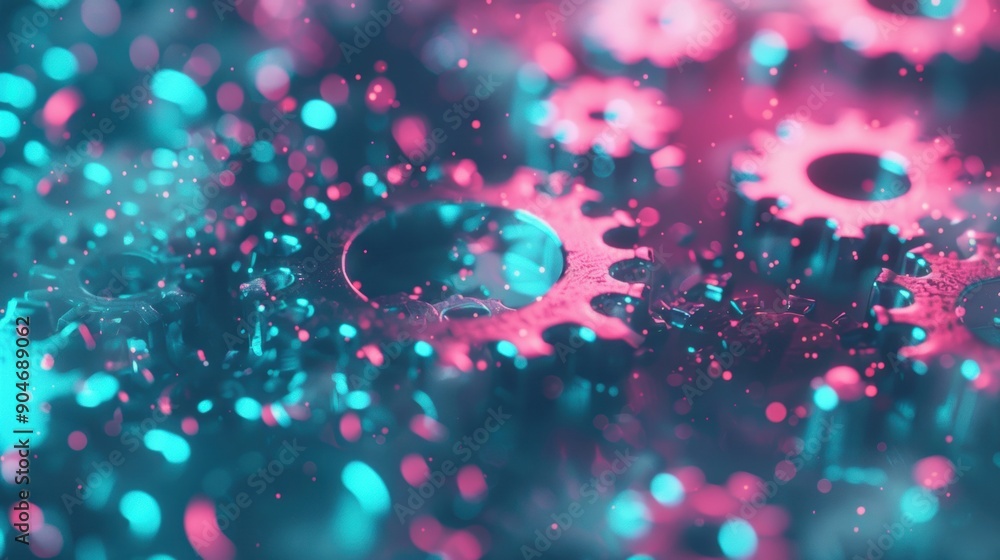 Poster intricate interlocking gears shine under neon lighting, creating a captivating display of color and 