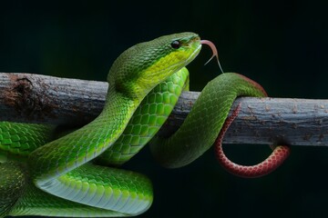 Obraz premium Potrait Trimeresurus erythrurus, commonly known as the red-tailed bamboo pit viper on a tree
