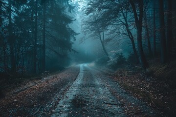 Fototapeta premium Mysterious dark forest. dark and moody forest road covered in mist. halloween night background