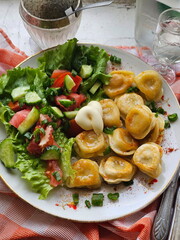 Fried dumplings on a checkered tablecloth