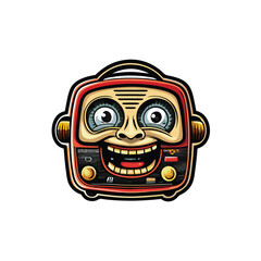 Create a vector illustration of a vintage radio with a smiling face, big eyes, and a toothy grin. The radio should be red, yellow, and black with a retro style.