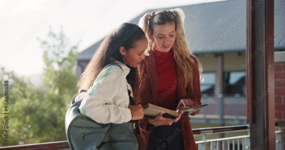 Aufkleber girls, students and reading on campus for learning, education and knowledge for exams. women, friend