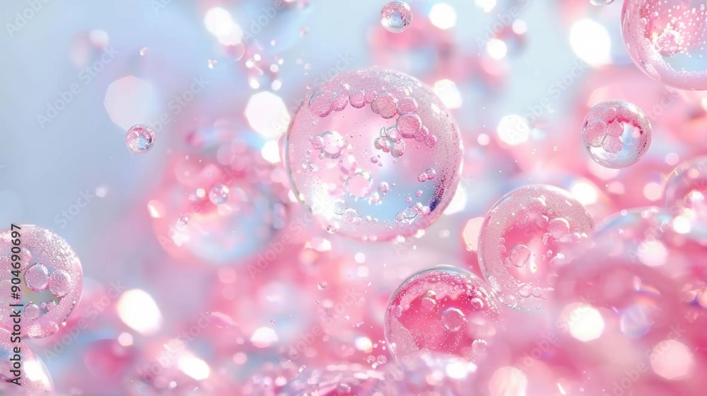 Poster delicate pink bubbles float in a transparent liquid, illuminated by gentle, diffused light