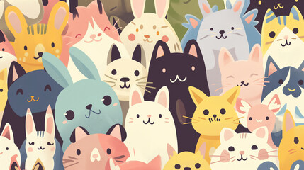 A group of cartoon cats and rabbits are smiling and looking at the camera