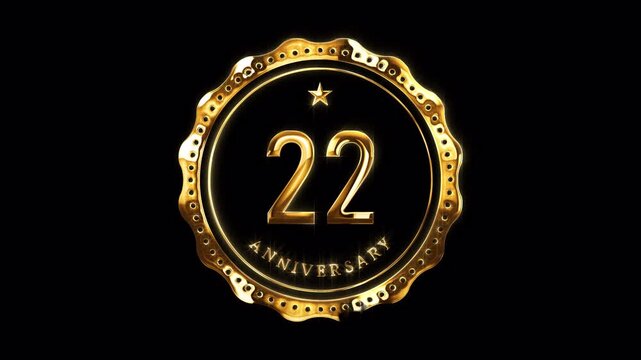 22nd Anniversary Celebration. Happy 22 Years Anniversary Animation in Gold Color on the Transparent Background, Alpha Channel. Great for greetings, celebrations, events, and gifts.