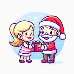 A young girl giving a present to Santa Claus