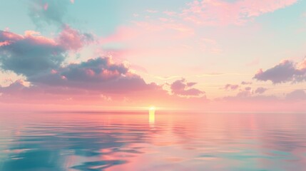 Fototapeta premium A pastel sky graces the calm ocean as the sun sets, creating a breathtaking evening view