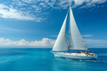 White Sailboat Sailing on Clear Blue Ocean Under a Sunny Sky
