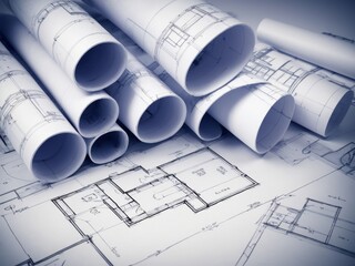 architectural plan. construction site, pencils and blueprints on a messy table.