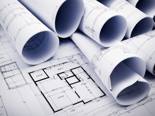 architectural plan. construction site, pencils and blueprints on a messy table.