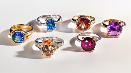 A collection of six rings with bright gemstones, showcased against a clean white backdrop.