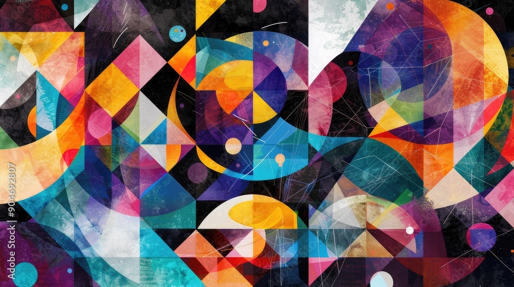 Poster a fusion of colorful geometric shapes and data symbols, creating a unique and visually captivating a