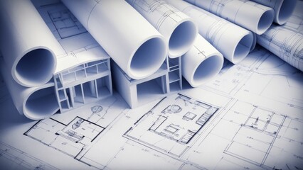 architectural plan. construction site, pencils and blueprints on a messy table.