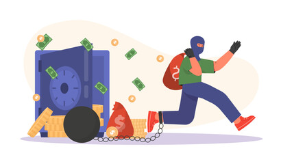 Thief steals money from safe. Man in black mask runs away with bag of banknotes and coins. Robber with weight on his leg, caught criminal. Flat vector illustration