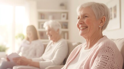 Obraz premium Joyful moments of laughter and connection shared among elderly friends, warm atmosphere filled with light and smiles as they engage in conversation and reminisce.