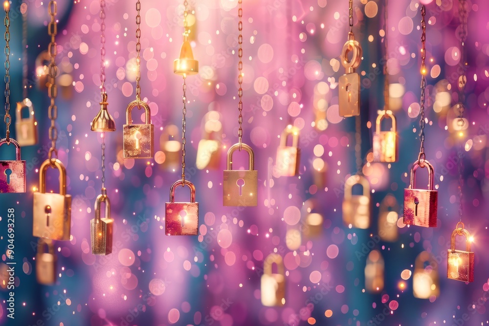 Wall mural cybernetic padlocks in a digital rain, depicting secure data flow and privacy protection