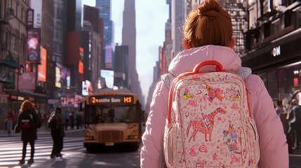 Obraz premium Child in a pink jacket stands with a colorful backpack, bustling streets of New York City surround her, iconic skyline and yellow bus create a vibrant urban backdrop.