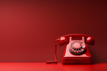 Vintage red rotary telephone on bright red surface