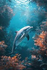 Fototapeta premium Dolphin Swimming Through a Sunlit Coral Reef