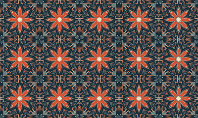 Tile pattern with red flowers and geometric shapes, vector illustration in oriental style