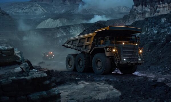A large mining truck transporting black coal in a vast open-pit coal mine