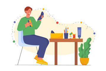 Man repairing shoes. Young guy repairing shoes and footwear. Shoemarker in studio or workshop with boots. Repairman at workplace. Flat vector illustration
