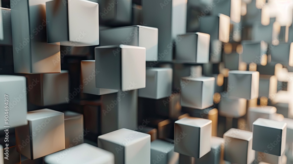 Poster a random arrangement of abstract 3d cubes, showcasing a blend of order and chaos in a captivating vi
