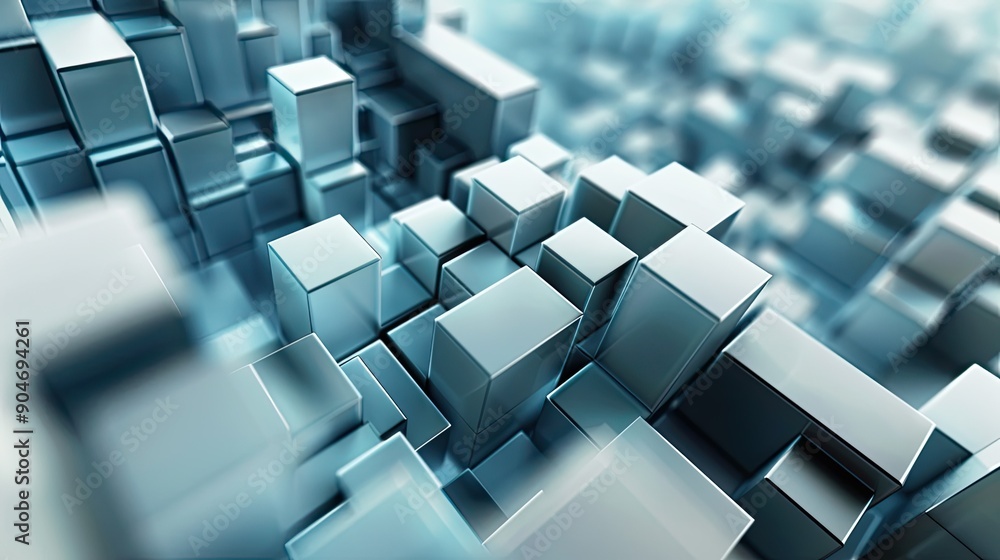 Poster a random assortment of 3d cubes, forming a complex and eye-catching abstract design with varying ang