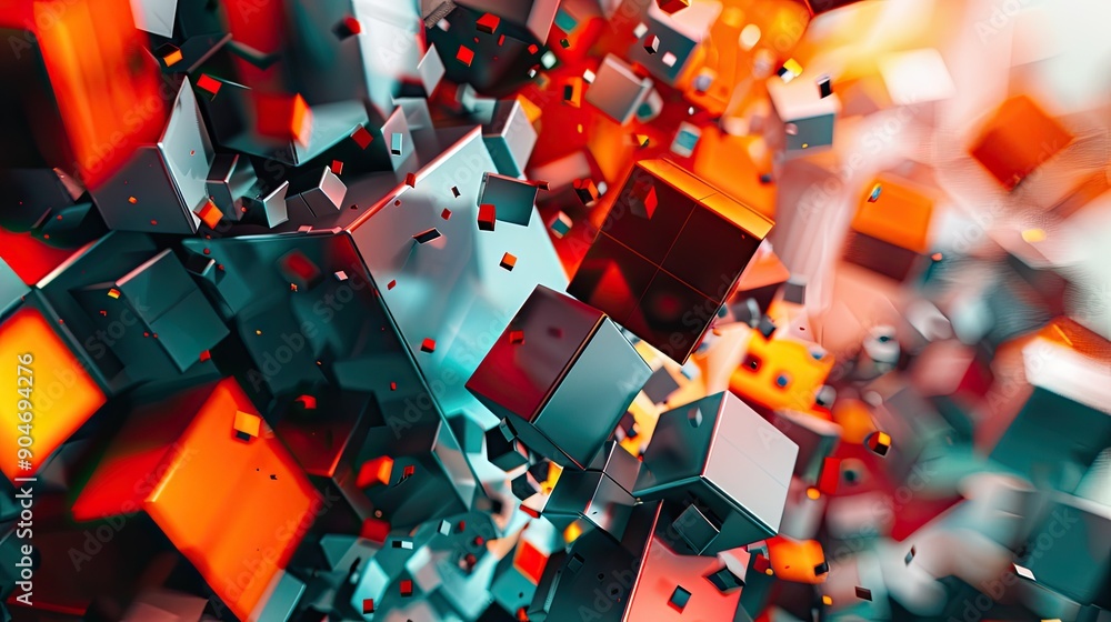 Poster a random assortment of 3d cubes, forming a complex and eye-catching abstract design with varying ang