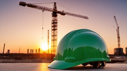 green hard hat placed on construction site at sunset with construction site background, safety first concept