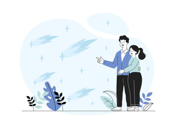 Couple with shooting star. Man and woman on romantic date night. Young pair makes wish. People stargazing at meeting. Love and romance. Linear vector illustration