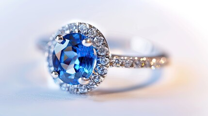 A vintage engagement ring with a large blue sapphire and small diamonds, captured in a macro image against a white background.