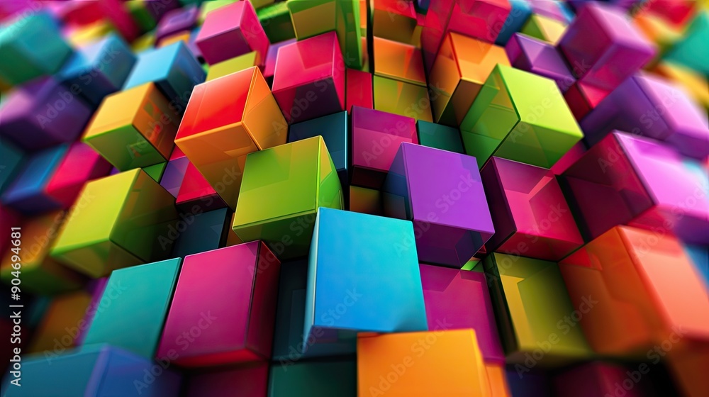 Poster abstract 3d cubes of various dimensions and hues, artistically placed to form a unique and colorful 