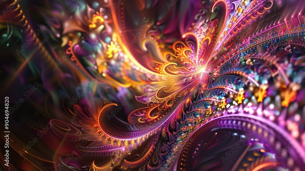 Poster abstract 3d fractal patterns with vibrant hues and light effects, evoking a sense of depth and compl