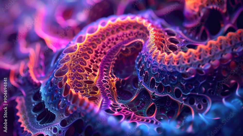 Poster abstract 3d fractal patterns with vibrant hues and light effects, evoking a sense of depth and compl