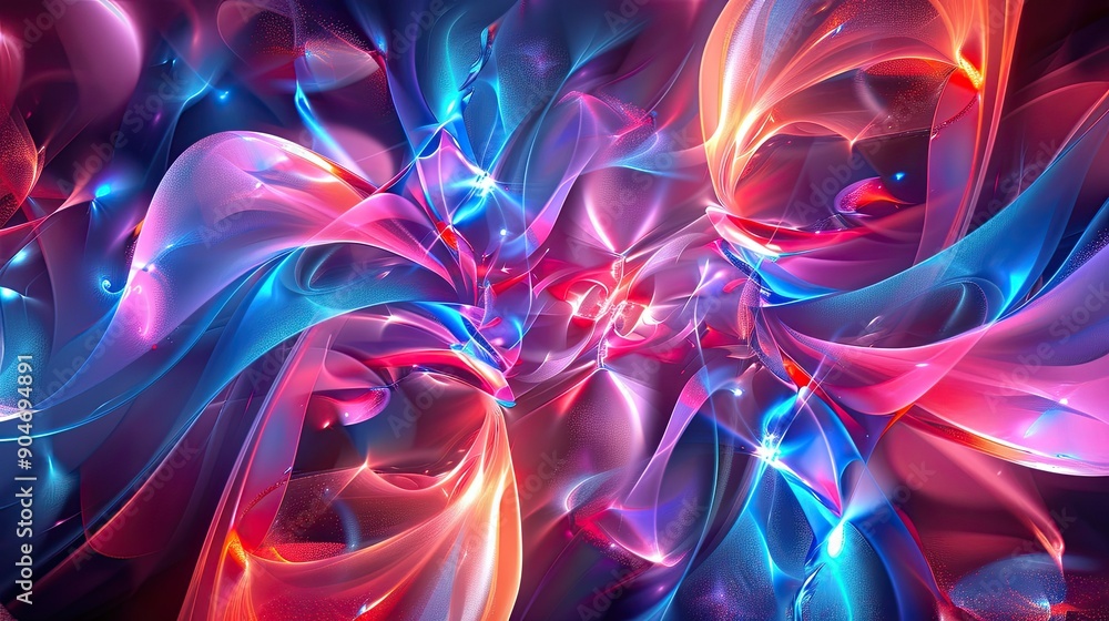 Poster abstract 3d fractal patterns with vibrant hues and light effects, evoking a sense of depth and compl