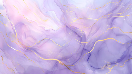 pastel violet marble effect luxury abstract brush golden glitter lines watercolor background design.generative ai