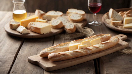 baguette being served with a cheese platter and a glass of wine on a rustic wooden table