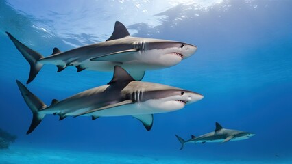 Naklejka premium two white tipped sharks swimming in the clear water,