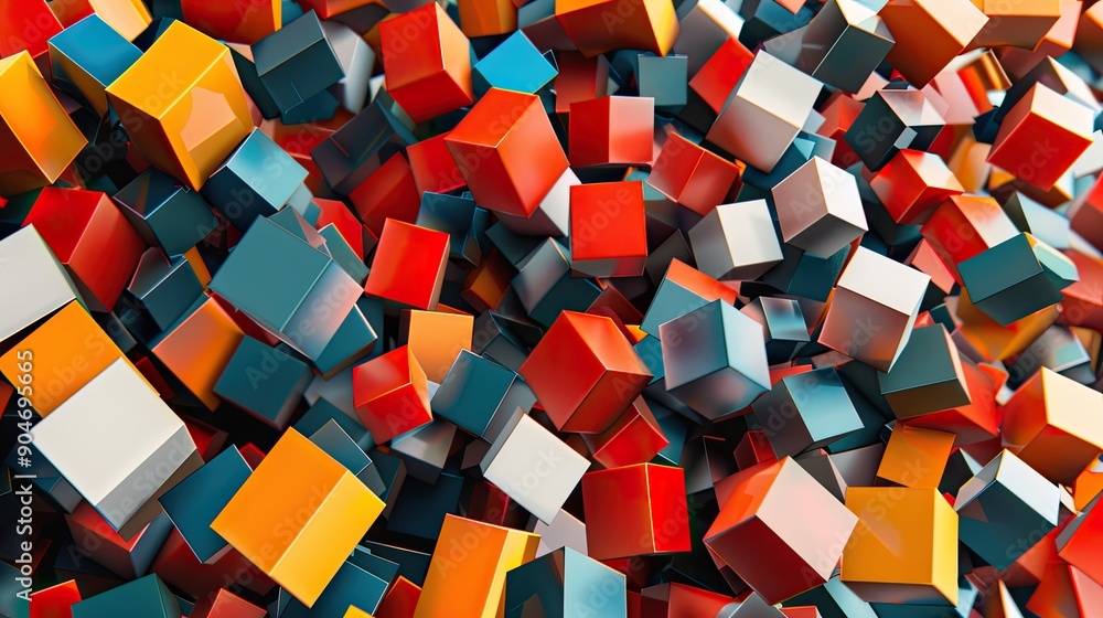 Poster abstract pattern of 3d cubes, randomly scattered to form a chaotic yet visually compelling compositi
