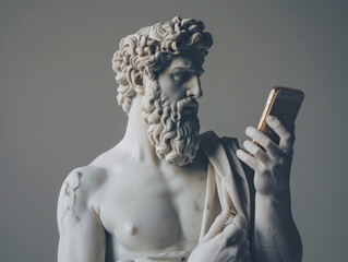 a statue of a man holding a phone