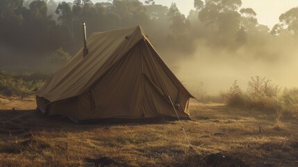151. Tent, realistic style, earth tones, nature-inspired pattern, wide shot, natural light, fog,