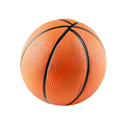 Fototapeta premium A bright orange basketball with distinct black stripes sits on a white background, showcasing its textured surface and vibrant color