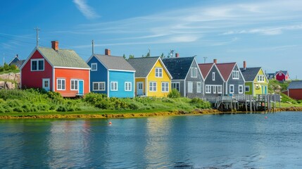 Colorful houses along the shore of a quaint seaside town, captured in a bright and inviting photo.