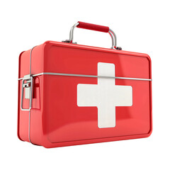 Fototapeta premium A red first aid kit featuring a white cross, ready for use in emergencies and designed for easy storage in homes or offices