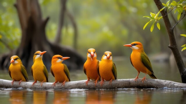  many yellow parakeets sit on a tree branch,