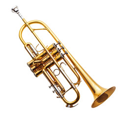 Obraz premium A beautifully crafted golden trumpet is displayed diagonally, showcasing its intricate design and polished finish, highlighting the artistry of musical instruments