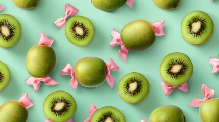 Fototapeta premium Kiwi Fruits with Pink Bows on Mint Background